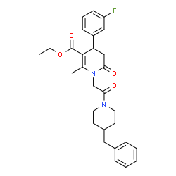 ChemSpider 2D Image | Ethyl 1-[2-(4-benzyl-1-piperidinyl)-2-oxoethyl]-4-(3-fluorophenyl)-2-methyl-6-oxo-1,4,5,6-tetrahydro-3-pyridinecarboxylate | C29H33FN2O4