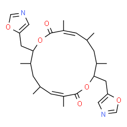 ChemSpider 2D Image | (3Z,11Z)-3,5,7,11,13,15-Hexamethyl-8,16-bis(1,3-oxazol-5-ylmethyl)-1,9-dioxacyclohexadeca-3,11-diene-2,10-dione | C28H38N2O6
