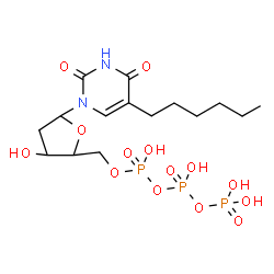 ChemSpider 2D Image | 1-[2-Deoxy-5-O-(hydroxy{[hydroxy(phosphonooxy)phosphoryl]oxy}phosphoryl)pentofuranosyl]-5-hexyl-2,4(1H,3H)-pyrimidinedione | C15H27N2O14P3