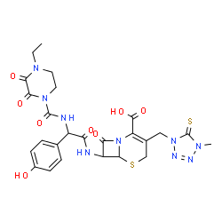 ChemSpider 2D Image | 7-{[{[(4-Ethyl-2,3-dioxo-1-piperazinyl)carbonyl]amino}(4-hydroxyphenyl)acetyl]amino}-3-[(4-methyl-5-thioxo-4,5-dihydro-1H-tetrazol-1-yl)methyl]-8-oxo-5-thia-1-azabicyclo[4.2.0]oct-2-ene-2-carboxylic a
cid | C25H27N9O8S2