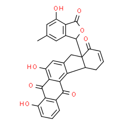 ChemSpider 2D Image | 4,6-Dihydroxy-8a-(4-hydroxy-6-methyl-3-oxo-1,3-dihydro-2-benzofuran-1-yl)-8,8a,12,12a-tetrahydro-5H-indeno[1,2-a]anthracene-5,9,13-trione | C30H20O8