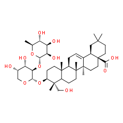 ChemSpider 2D Image | (3beta,5xi,18alpha)-3-{[2-O-(6-Deoxy-alpha-L-mannopyranosyl)-alpha-L-arabinopyranosyl]oxy}-23-hydroxyolean-12-en-28-oic acid | C41H66O12