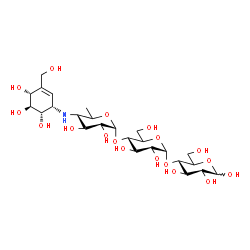 ChemSpider 2D Image | 4,6-Dideoxy-4-{[(1S,4R,5S,6S)-4,5,6-trihydroxy-3-(hydroxymethyl)-2-cyclohexen-1-yl]amino}-alpha-D-glucopyranosyl-(1->4)-alpha-D-glucopyranosyl-(1->4)-(5xi)-D-xylo-hexopyranose | C25H43NO18