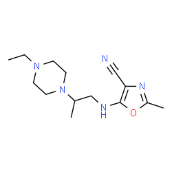 ChemSpider 2D Image | 5-{[2-(4-Ethyl-1-piperazinyl)propyl]amino}-2-methyl-1,3-oxazole-4-carbonitrile | C14H23N5O