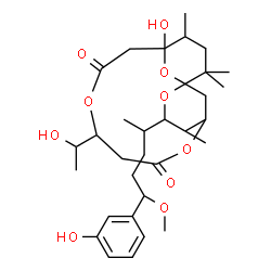 ChemSpider 2D Image | 13-Hydroxy-9-(1-hydroxyethyl)-3-[5-(3-hydroxyphenyl)-5-methoxy-2-pentanyl]-4,14,16,16-tetramethyl-2,6,10,17-tetraoxatricyclo[11.3.1.1~1,5~]octadecane-7,11-dione | C32H48O10