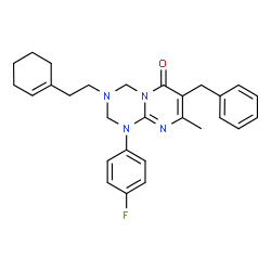 ChemSpider 2D Image | 7-Benzyl-3-[2-(1-cyclohexen-1-yl)ethyl]-1-(4-fluorophenyl)-8-methyl-1,2,3,4-tetrahydro-6H-pyrimido[1,2-a][1,3,5]triazin-6-one | C28H31FN4O