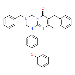 ChemSpider 2D Image | 3,7-Dibenzyl-8-methyl-1-(4-phenoxyphenyl)-1,2,3,4-tetrahydro-6H-pyrimido[1,2-a][1,3,5]triazin-6-one | C33H30N4O2