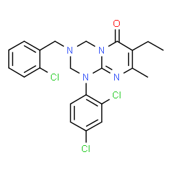 ChemSpider 2D Image | 3-(2-Chlorobenzyl)-1-(2,4-dichlorophenyl)-7-ethyl-8-methyl-1,2,3,4-tetrahydro-6H-pyrimido[1,2-a][1,3,5]triazin-6-one | C22H21Cl3N4O