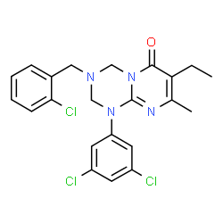 ChemSpider 2D Image | 3-(2-Chlorobenzyl)-1-(3,5-dichlorophenyl)-7-ethyl-8-methyl-1,2,3,4-tetrahydro-6H-pyrimido[1,2-a][1,3,5]triazin-6-one | C22H21Cl3N4O