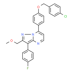 ChemSpider 2D Image | 7-{4-[(4-Chlorobenzyl)oxy]phenyl}-3-(4-fluorophenyl)-2-(methoxymethyl)pyrazolo[1,5-a]pyrimidine | C27H21ClFN3O2