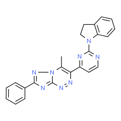 ChemSpider 2D Image | 3-[2-(2,3-Dihydro-1H-indol-1-yl)-4-pyrimidinyl]-4-methyl-7-phenyl[1,2,4]triazolo[5,1-c][1,2,4]triazine | C23H18N8