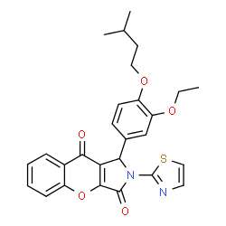 ChemSpider 2D Image | 1-[3-Ethoxy-4-(3-methylbutoxy)phenyl]-2-(1,3-thiazol-2-yl)-1,2-dihydrochromeno[2,3-c]pyrrole-3,9-dione | C27H26N2O5S