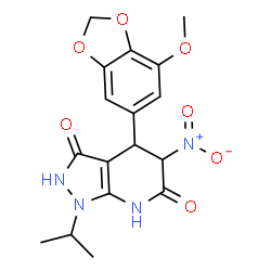 ChemSpider 2D Image | 1-Isopropyl-4-(7-methoxy-1,3-benzodioxol-5-yl)-5-nitro-4,7-dihydro-1H-pyrazolo[3,4-b]pyridine-3,6(2H,5H)-dione | C17H18N4O7