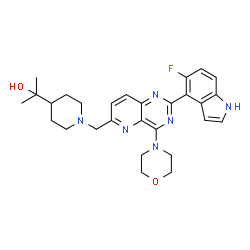 ChemSpider 2D Image | 2-(1-{[2-(5-Fluoro-1H-indol-4-yl)-4-(4-morpholinyl)pyrido[3,2-d]pyrimidin-6-yl]methyl}-4-piperidinyl)-2-propanol | C28H33FN6O2