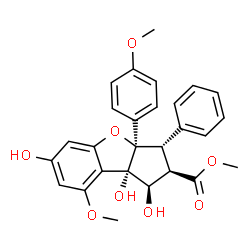 ChemSpider 2D Image | Methyl (1R,2R,3S,3aR,8bS)-2,3,3a,8b-tetrahydro-1,6,8b-trihydroxy-8-methoxy-3a-(4-methoxyphenyl)-3-phenyl-1H-cyclopenta[b]benzofuran-2-carboxylate | C27H26O8