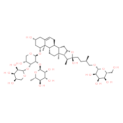 ChemSpider 2D Image | (1beta,3beta,22R,25R)-1-{[6-Deoxy-alpha-L-mannopyranosyl-(1->2)-[beta-D-ribopyranosyl-(1->3)]-beta-D-ribopyranosyl]oxy}-3,22-dihydroxyfurost-5-en-26-yl beta-D-allopyranoside | C49H80O22