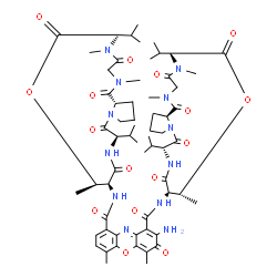 ChemSpider 2D Image | 2-Amino-N~9~-[(6R,9R,10S,13R,18aS)-6,13-diisopropyl-2,5,9-trimethyl-1,4,7,11,14-pentaoxohexadecahydro-1H-pyrrolo[2,1-i][1,4,7,10,13]oxatetraazacyclohexadecin-10-yl]-N~1~-[(9R,10S,13R,18aS)-6,13-diisop
ropyl-2,5,9-trimethyl-1,4,7,11,14-pentaoxohexadecahydro-1H-pyrrolo[2,1-i][1,4,7,10,13]oxatetraazacyclohexadecin-10-yl]-4,6-dimethyl-3-oxo-3H-phenoxazine-1,9-dicarboxamide | C62H86N12O16