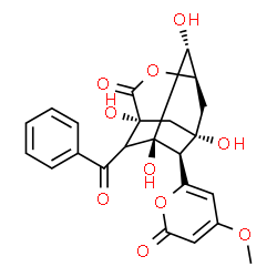 ChemSpider 2D Image | (1S,2R,3R,6R,8S,9R)-10-Benzoyl-1,2,6,8-tetrahydroxy-9-(4-methoxy-2-oxo-2H-pyran-6-yl)-4-oxatricyclo[4.3.1.1~3,8~]undecan-5-one | C23H22O10