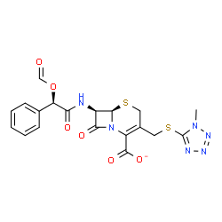 ChemSpider 2D Image | (6R,7R)-7-{[(2R)-2-(Formyloxy)-2-phenylacetyl]amino}-3-{[(1-methyl-1H-tetrazol-5-yl)sulfanyl]methyl}-8-oxo-5-thia-1-azabicyclo[4.2.0]oct-2-ene-2-carboxylate | C19H17N6O6S2