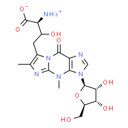 ChemSpider 2D Image | 7-[(3S)-3-Ammonio-3-carboxylato-2-hydroxypropyl]-4,6-dimethyl-3-(beta-D-ribofuranosyl)-3,4-dihydro-9H-imidazo[1,2-a]purin-9-one | C18H24N6O8