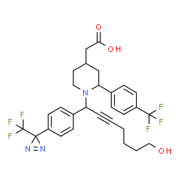 ChemSpider 2D Image | {1-(7-Hydroxy-1-{4-[3-(trifluoromethyl)-3H-diaziren-3-yl]phenyl}-2-heptyn-1-yl)-2-[4-(trifluoromethyl)phenyl]-4-piperidinyl}acetic acid | C29H29F6N3O3