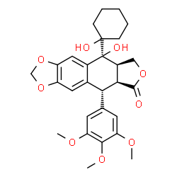ChemSpider 2D Image | (5R,5aS,8aR,9S)-9-Hydroxy-9-(1-hydroxycyclohexyl)-5-(3,4,5-trimethoxyphenyl)-5,8,8a,9-tetrahydrofuro[3',4':6,7]naphtho[2,3-d][1,3]dioxol-6(5aH)-one | C28H32O9