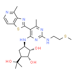 ChemSpider 2D Image | (1S,2R,3S,5R)-3-(2-Hydroxy-2-propanyl)-5-{[6-methyl-2-{[2-(methylsulfanyl)ethyl]amino}-5-(4-methyl[1,3]thiazolo[4,5-c]pyridin-2-yl)-4-pyrimidinyl]amino}-1,2-cyclopentanediol | C23H32N6O3S2