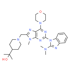 ChemSpider 2D Image | 2-[1-({2-[2-(Dimethylamino)-1H-benzimidazol-1-yl]-9-methyl-6-(4-morpholinyl)-9H-purin-8-yl}methyl)-4-piperidinyl]-2-propanol | C28H39N9O2