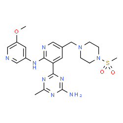 ChemSpider 2D Image | 4-(2-[(5-Methoxy-3-pyridinyl)amino]-5-{[4-(methylsulfonyl)-1-piperazinyl]methyl}-3-pyridinyl)-6-methyl-1,3,5-triazin-2-amine | C21H27N9O3S