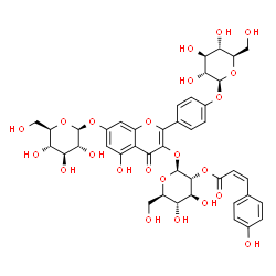 ChemSpider 2D Image | 4-[7-(beta-D-Glucopyranosyloxy)-5-hydroxy-3-({2-O-[(2Z)-3-(4-hydroxyphenyl)-2-propenoyl]-beta-D-glucopyranosyl}oxy)-4-oxo-4H-chromen-2-yl]phenyl beta-D-glucopyranoside | C42H46O23