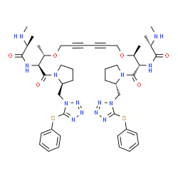 ChemSpider 2D Image | 1,1'-{2,4-Hexadiyne-1,6-diylbis[oxy{(2S,3S)-2-[(N-methyl-L-alanyl)amino]-1-oxo-3,1-butanediyl}(2S)-1,2-pyrrolidinediylmethylene]}bis[5-(phenylsulfanyl)-1H-tetrazole] | C46H60N14O6S2