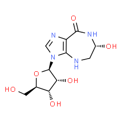 ChemSpider 2D Image | (6R)-6-Hydroxy-3-(beta-D-ribofuranosyl)-4,5,6,7-tetrahydroimidazo[4,5-e][1,4]diazepin-8(3H)-one | C11H16N4O6