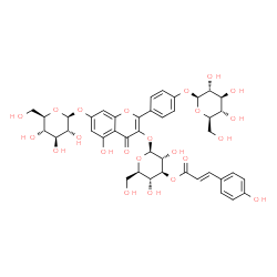 ChemSpider 2D Image | 4-[7-(beta-D-Glucopyranosyloxy)-5-hydroxy-3-({3-O-[(2E)-3-(4-hydroxyphenyl)-2-propenoyl]-beta-D-glucopyranosyl}oxy)-4-oxo-4H-chromen-2-yl]phenyl beta-D-glucopyranoside | C42H46O23