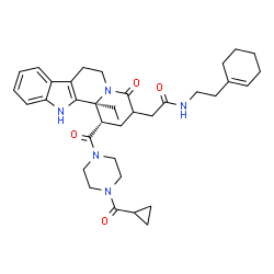 ChemSpider 2D Image | N-[2-(1-Cyclohexen-1-yl)ethyl]-2-[(1S,12bS)-1-{[4-(cyclopropylcarbonyl)-1-piperazinyl]carbonyl}-12b-ethyl-4-oxo-1,2,3,4,6,7,12,12b-octahydroindolo[2,3-a]quinolizin-3-yl]acetamide | C36H47N5O4