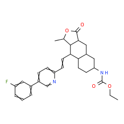 ChemSpider 2D Image | Ethyl (9-{2-[5-(3-fluorophenyl)-2-pyridinyl]vinyl}-1-methyl-3-oxododecahydronaphtho[2,3-c]furan-6-yl)carbamate | C29H33FN2O4