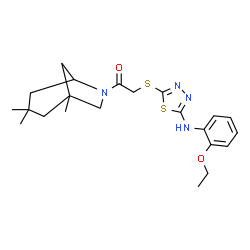 ChemSpider 2D Image | 2-({5-[(2-Ethoxyphenyl)amino]-1,3,4-thiadiazol-2-yl}sulfanyl)-1-(1,3,3-trimethyl-6-azabicyclo[3.2.1]oct-6-yl)ethanone | C22H30N4O2S2