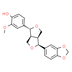 ChemSpider 2D Image | 4-[(1R,3aS,4S,6aS)-4-(1,3-Benzodioxol-5-yl)tetrahydro-1H,3H-furo[3,4-c]furan-1-yl]-2-methoxyphenol | C20H20O6