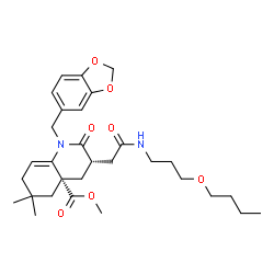 ChemSpider 2D Image | Methyl (3S,4aR)-1-(1,3-benzodioxol-5-ylmethyl)-3-{2-[(3-butoxypropyl)amino]-2-oxoethyl}-6,6-dimethyl-2-oxo-1,3,4,5,6,7-hexahydro-4a(2H)-quinolinecarboxylate | C30H42N2O7