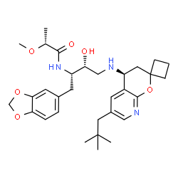 ChemSpider 2D Image | (2R)-N-[(2S,3R)-1-(1,3-Benzodioxol-5-yl)-4-{[(4'S)-6'-(2,2-dimethylpropyl)-3',4'-dihydrospiro[cyclobutane-1,2'-pyrano[2,3-b]pyridin]-4'-yl]amino}-3-hydroxy-2-butanyl]-2-methoxypropanamide | C31H43N3O6