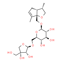 ChemSpider 2D Image | [(3S,3aR,6aS)-3,6-Dimethyl-2,3,3a,4-tetrahydro-6aH-cyclopenta[b]furan-6a-yl]methyl 6-O-[(2R,3R,4R)-3,4-dihydroxy-4-(hydroxymethyl)tetrahydro-2-furanyl]-beta-D-glucopyranoside | C21H34O11