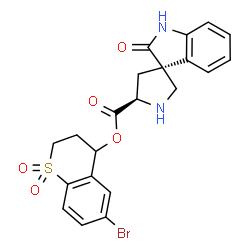 ChemSpider 2D Image | 6-Bromo-1,1-dioxido-3,4-dihydro-2H-thiochromen-4-yl (3S,5'R)-2-oxo-1,2-dihydrospiro[indole-3,3'-pyrrolidine]-5'-carboxylate | C21H19BrN2O5S