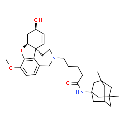 ChemSpider 2D Image | N-(3,5-Dimethyladamantan-1-yl)-5-[(4aS,6R,8aS)-6-hydroxy-3-methoxy-5,6,9,10-tetrahydro-4aH-[1]benzofuro[3a,3,2-ef][2]benzazepin-11(12H)-yl]pentanamide | C33H46N2O4