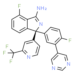 ChemSpider 2D Image | (1S)-4-fluoro-1-(4-fluoro-3-pyrimidin-5-ylphenyl)-1-[2-(trifluoromethyl)pyridin-4-yl]-1H-isoindol-3-amine | C24H14F5N5