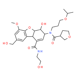 ChemSpider 2D Image | 4-Hydroxy-N-(2-hydroxyethyl)-8-(hydroxymethyl)-3-[(3-isopropoxypropyl)(tetrahydro-3-furanylcarbonyl)amino]-6-methoxy-3,4,4a,9b-tetrahydrodibenzo[b,d]furan-1-carboxamide | C28H40N2O9