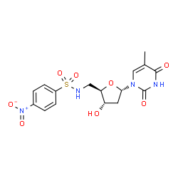 ChemSpider 2D Image | 1-(2,5-Dideoxy-5-{[(4-nitrophenyl)sulfonyl]amino}-alpha-D-erythro-pentofuranosyl)-5-methyl-2,4(1H,3H)-pyrimidinedione | C16H18N4O8S