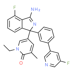 ChemSpider 2D Image | 5-{3-Amino-4-fluoro-1-[3-(5-fluoro-3-pyridinyl)phenyl]-1H-isoindol-1-yl}-1-ethyl-3-methyl-2(1H)-pyridinone | C27H22F2N4O