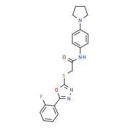 ChemSpider 2D Image | 2-{[5-(2-Fluorophenyl)-1,3,4-oxadiazol-2-yl]sulfanyl}-N-[4-(1-pyrrolidinyl)phenyl]acetamide | C20H19FN4O2S