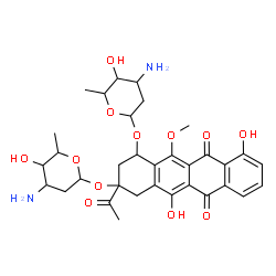 ChemSpider 2D Image | 2-Acetyl-4-[(3-amino-2,3,6-trideoxyhexopyranosyl)oxy]-7,12-dihydroxy-5-methoxy-6,11-dioxo-1,2,3,4,6,11-hexahydro-2-tetracenyl 3-amino-2,3,6-trideoxyhexopyranoside | C33H40N2O12