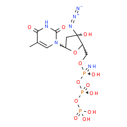 ChemSpider 2D Image | 1-[5-O-(Amino{[hydroxy(phosphonooxy)phosphoryl]oxy}phosphoryl)-3-C-azido-2-deoxypentofuranosyl]-5-methyl-2,4(1H,3H)-pyrimidinedione | C10H17N6O13P3