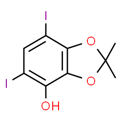 ChemSpider 2D Image | 5,7-Diiodo-2,2-dimethyl-1,3-benzodioxol-4-ol | C9H8I2O3